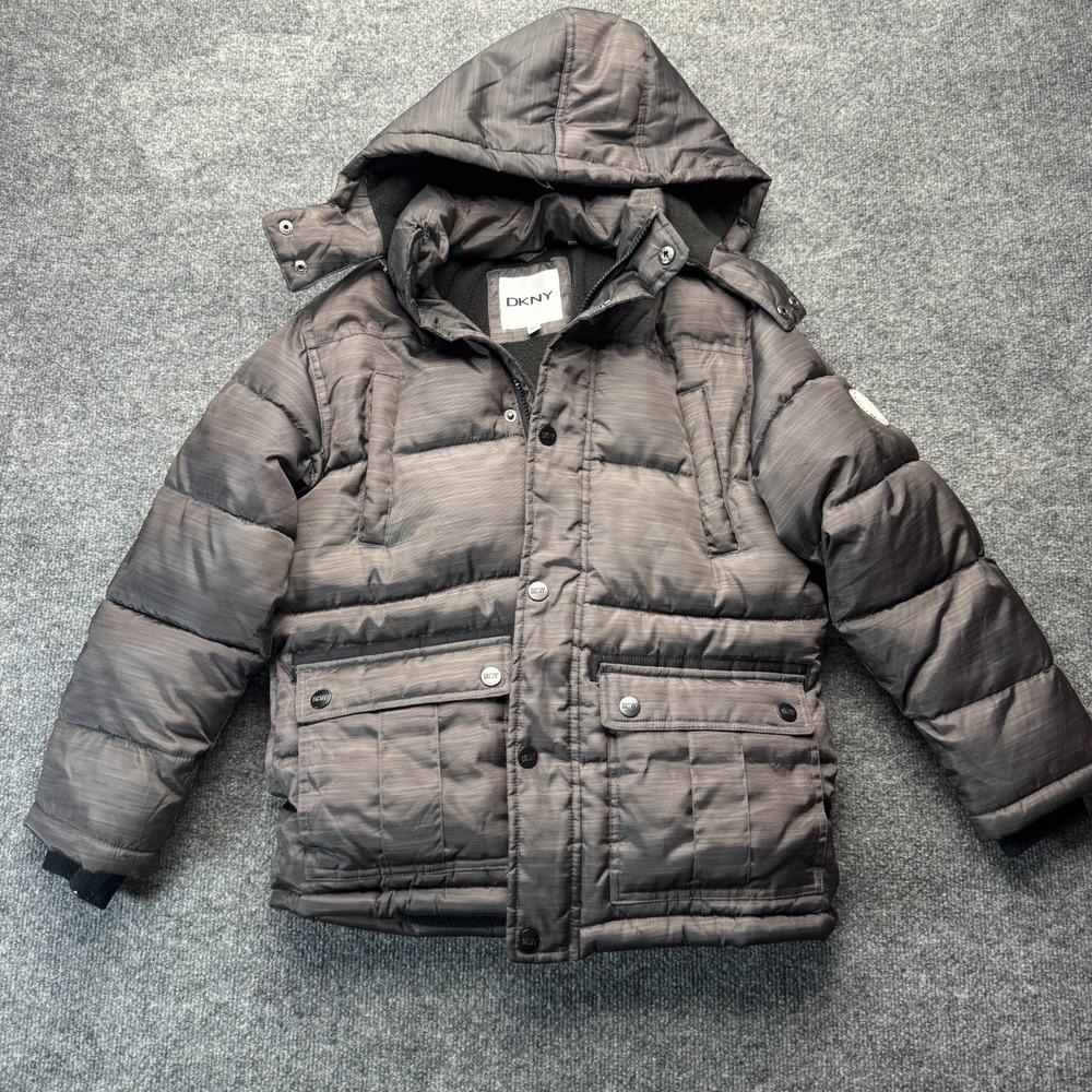 DKNY Puffer Jacket Boys Medium Gray Insulated Hooded Heavyweight Full Zip Snap